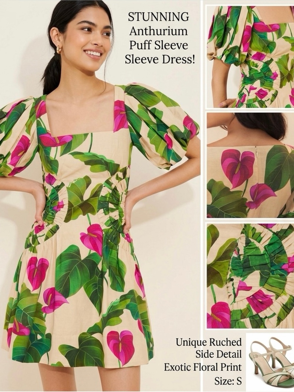New Farm Rio Anthurium Leaves Sand Linen Dress Puff Sleeves Small
